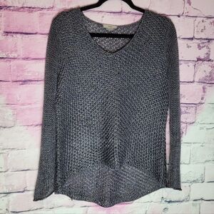 HELMUT LANG 100% LINEN KNIT MARLED NAVY TAN HI LOW V NECK TUNIC SWEATER SMALL